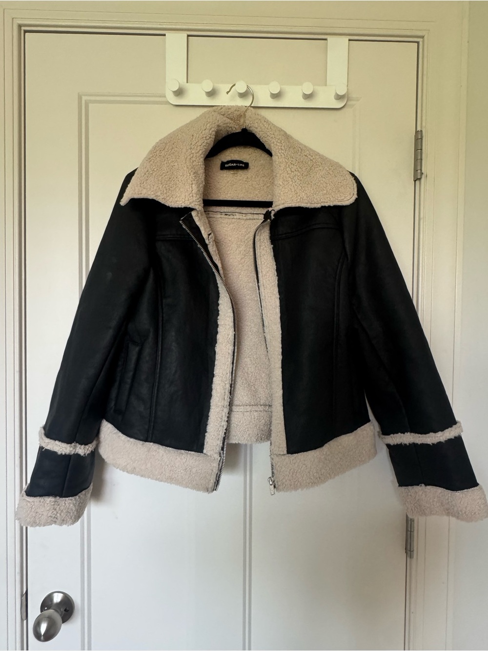 Black Faux Leather Shearling Jacket with Cream Trim